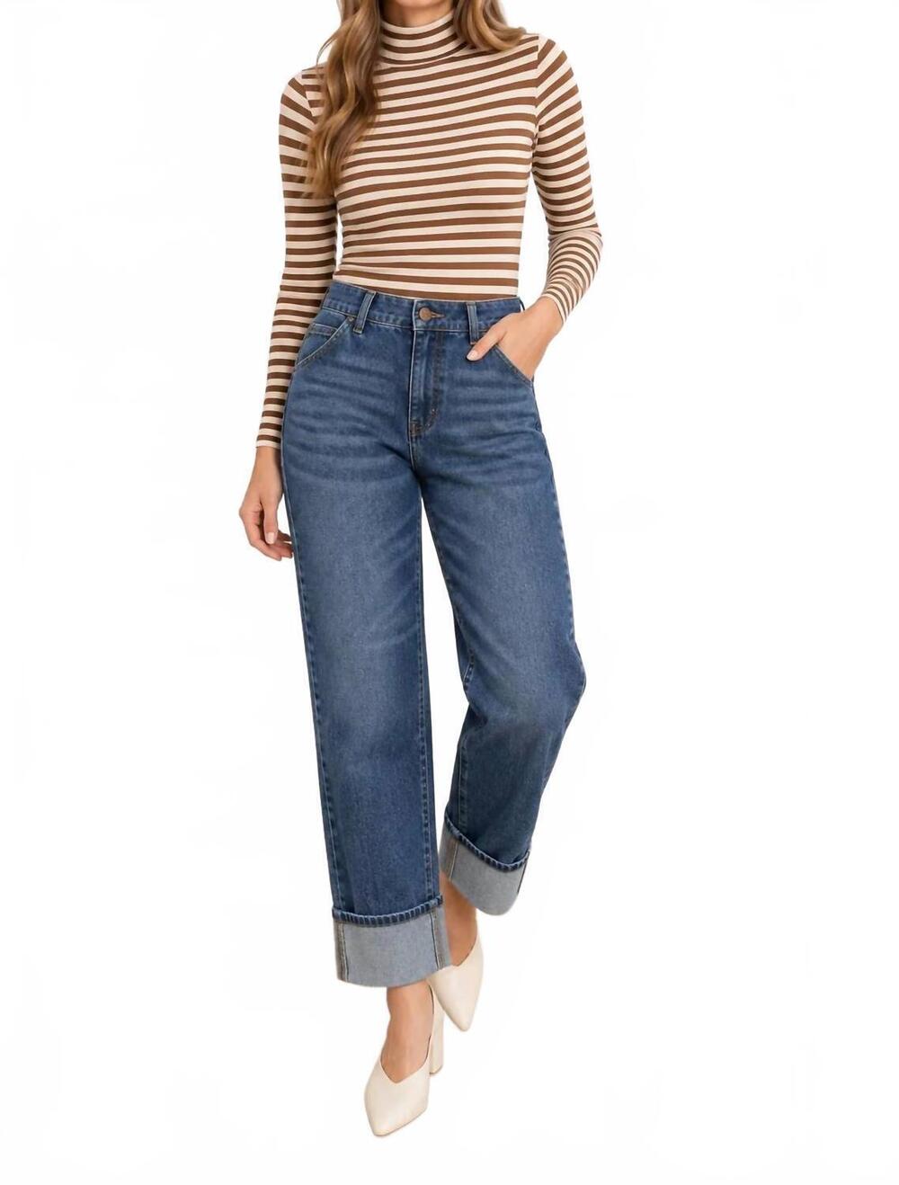 NEW MAC & ME cuffed boyfriend denim jeans in blue artisnal